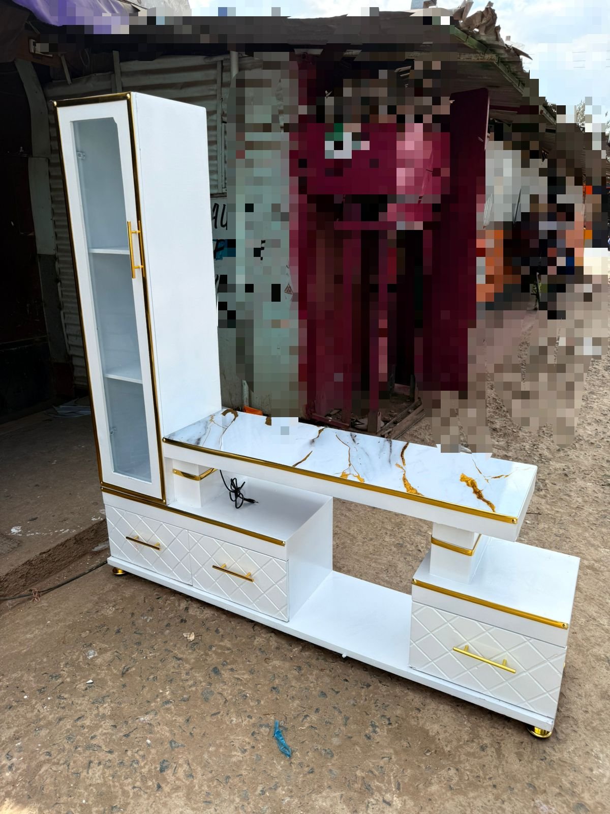 Executive tv stand with marble coating and shelf cabinet