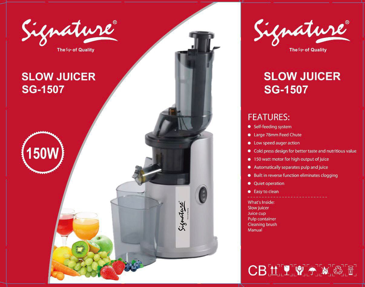 Signature Heavy duty 150W Slow Masticating Juicer, Big 78mm Chute, Juice Jug, Pulp Container, BPA-Free, Easy to Clean, Whole Slow Juicer for Fruits and Vegetables