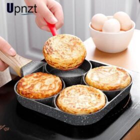 *4 Hole granite Omelet Pan for Burger,Egg,Ham and Pancake Maker with Wooden Handle Frying Pot Cook