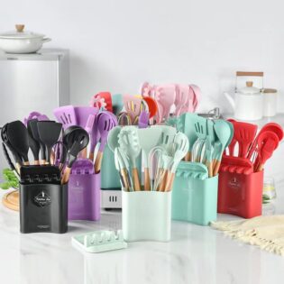 13pc silicone kitchen utensil set with a 4 slot spoon rest