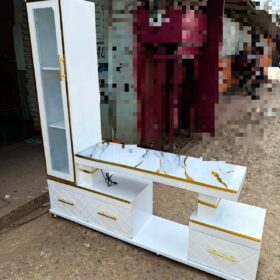 Executive tv stand with marble coating and shelf cabinet